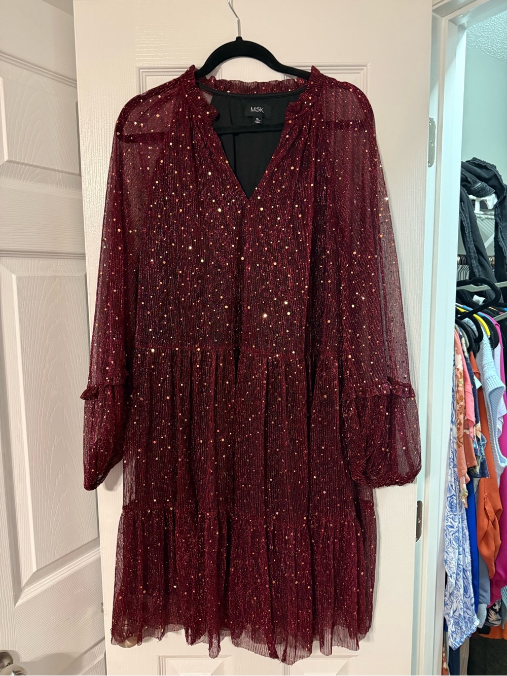 MSK Wine Metallic-Dot Long Sleeve Tiered Dress